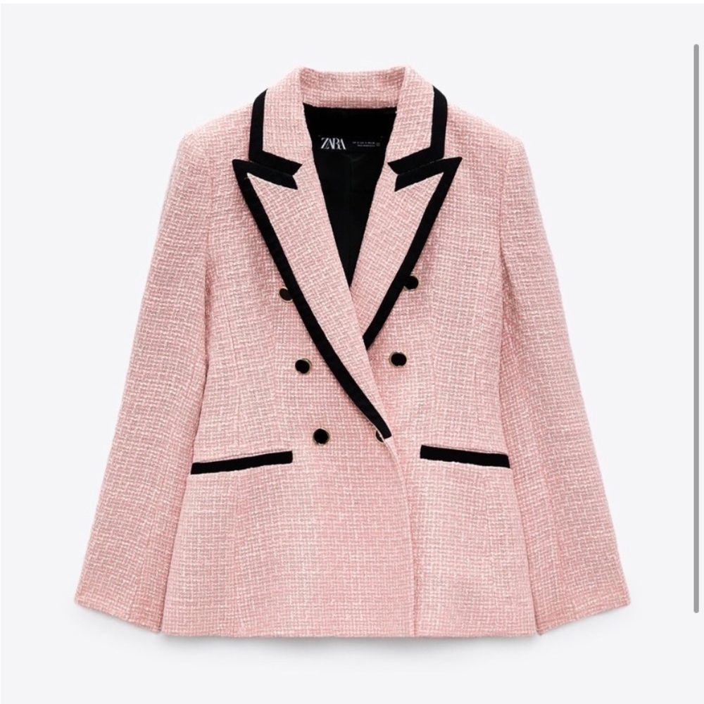 NWOT Zara Double Breasted Blazer, pink with black contrast piping, size S